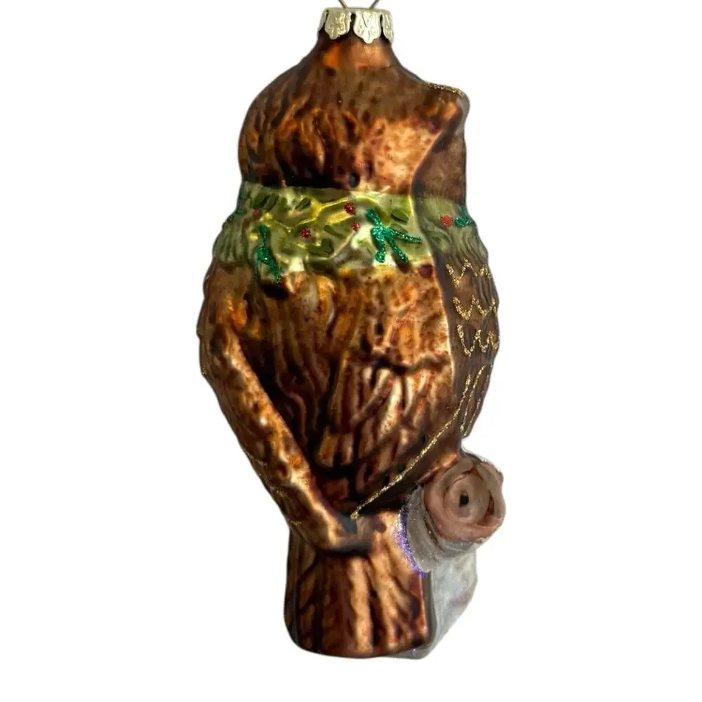 Hand Blown Rustic Owl Stump Poins Glass Ornament 5